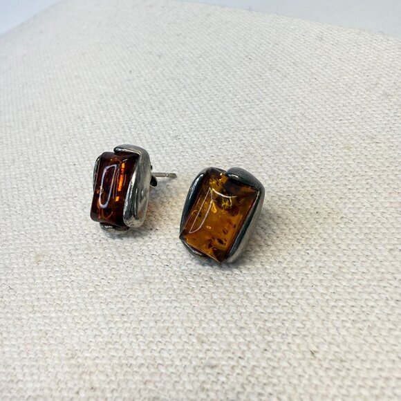 Sterling Silver Honey Baltic Amber Rectangular‎ Stud Earrings Marked - Picture 10 of 16